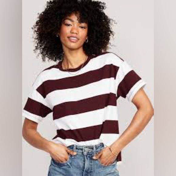 OLD NAVY Vintage Style Short Sleeve Maroon & White Striped Boxy T-Shirt Top XL - Picture 1 of 16